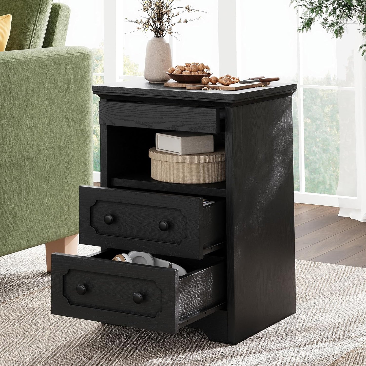 Night Stand, Modern Bedside Table with 2 Drawers, Open Shelf, End Table with Pull-Out Tray, Wood Sidetable, Black