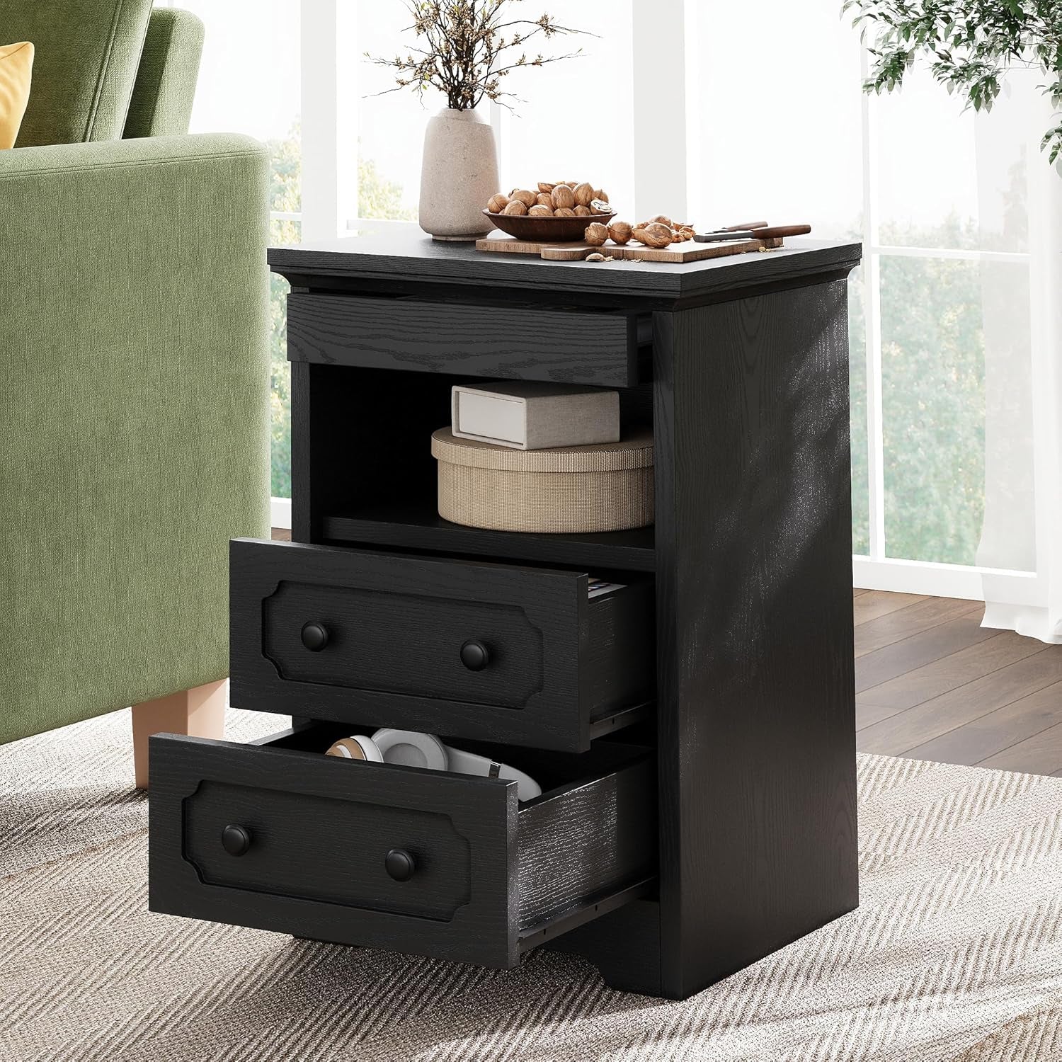 Night Stand, Modern Bedside Table with 2 Drawers, Open Shelf, End Table with Pull-Out Tray, Wood Sidetable, Black