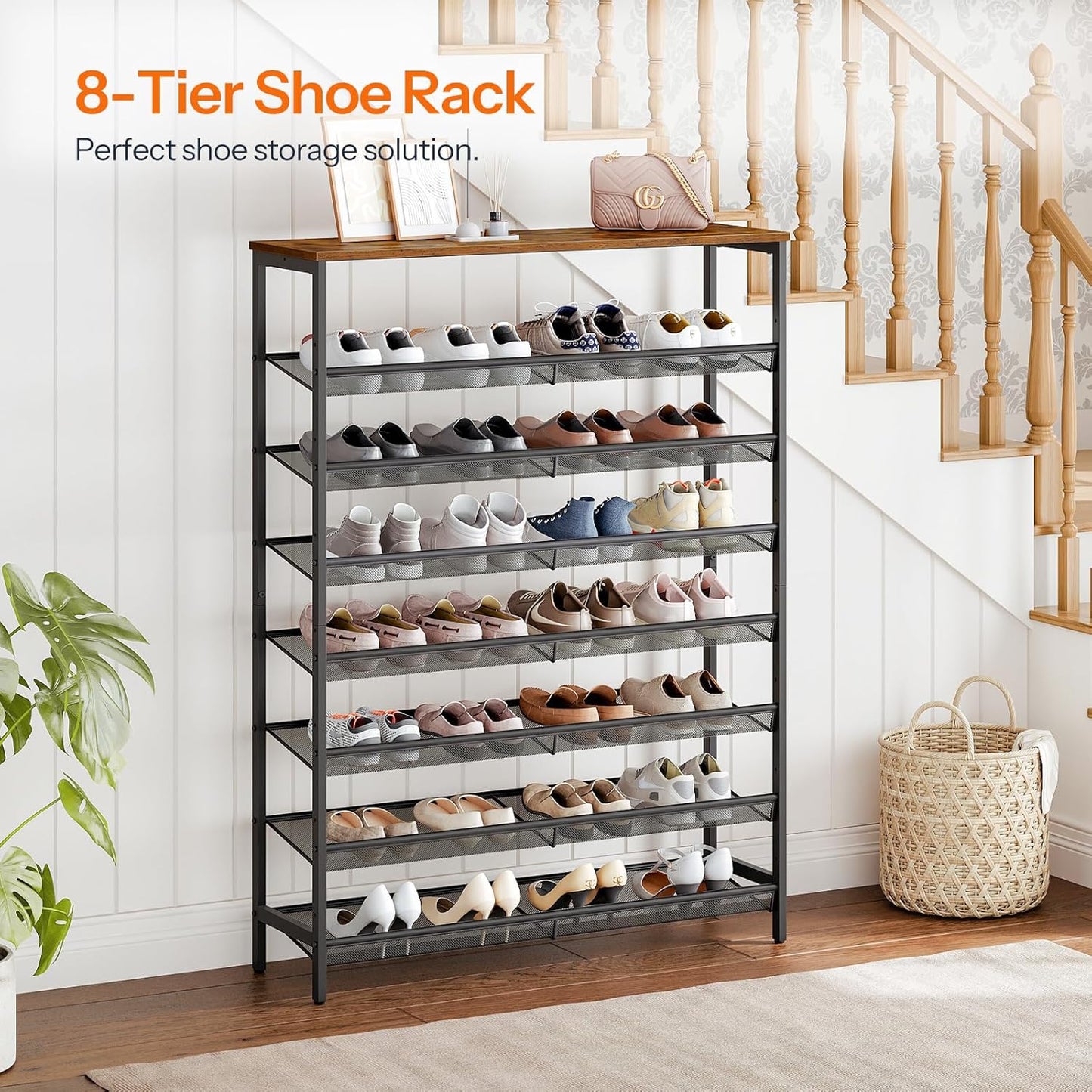 Shoe Rack for Entryway, 8-Tier Shoe Shelf, Large Capacity Shoe Storage Organizer for 32-40 Pairs of Shoes, Front Door Entrance, Hallway, Closet, Space Saver, Rustic Brown and Black BF118XJ01