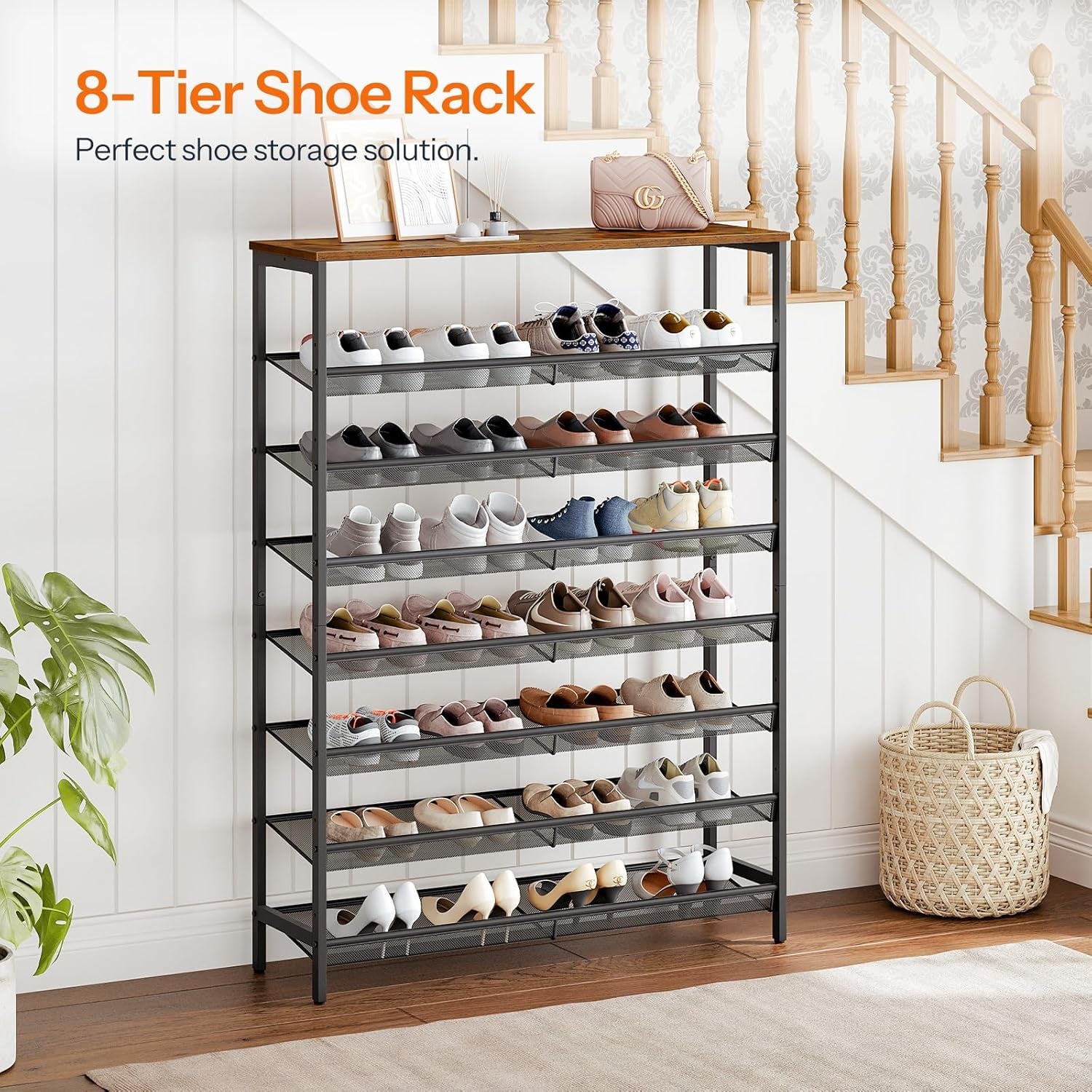 Shoe Rack for Entryway, 8-Tier Shoe Shelf, Large Capacity Shoe Storage Organizer for 32-40 Pairs of Shoes, Front Door Entrance, Hallway, Closet, Space Saver, Rustic Brown and Black BF118XJ01