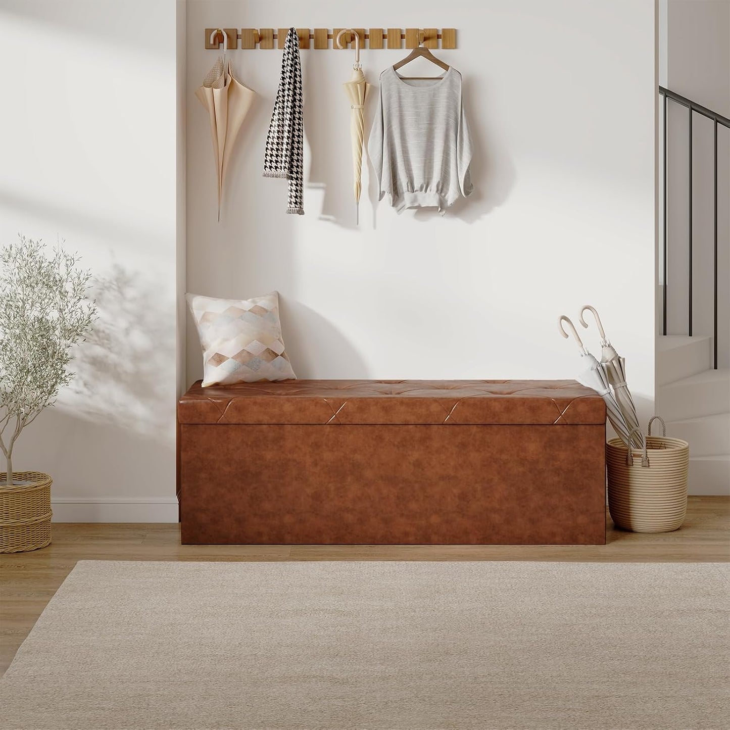 43 Inches Folding Ottoman with Storage Bench, Foot Rest Stool, End of Bed Storage Bench Upholstered, Load 660 Lbs, for Living Room, Synthetic Leather, Brown