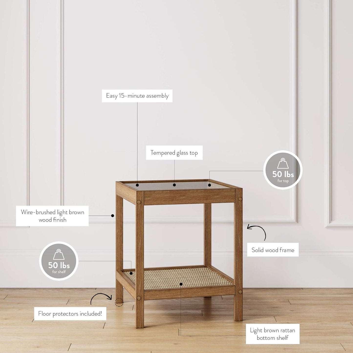 33301 Hayes Solid Wood Nightstand, Bedside, End or Side Table in Light Brown Wood Finish & Glass Top with Open Storage Shelf, 18 in X 18 in X 22 In
