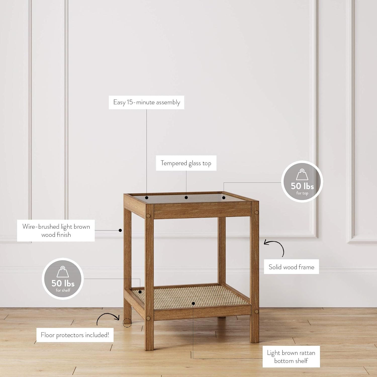 33301 Hayes Solid Wood Nightstand, Bedside, End or Side Table in Light Brown Wood Finish & Glass Top with Open Storage Shelf, 18 in X 18 in X 22 In