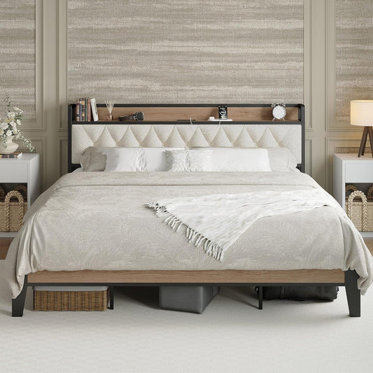 King Bed Frame, Storage Headboard with Charging Station, Platform Bed Frame with Strong Metal Support, Sturdy and Stable, Noise Free, No Box Spring Needed, Easy Assembly