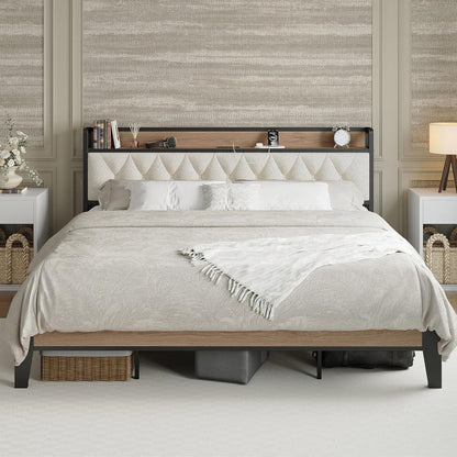 California King Bed Frame, Storage Headboard with Charging Station, Platform Bed Frame with Strong Metal Support, Sturdy and Stable, Noise Free, No Box Spring Needed, Easy Assembly