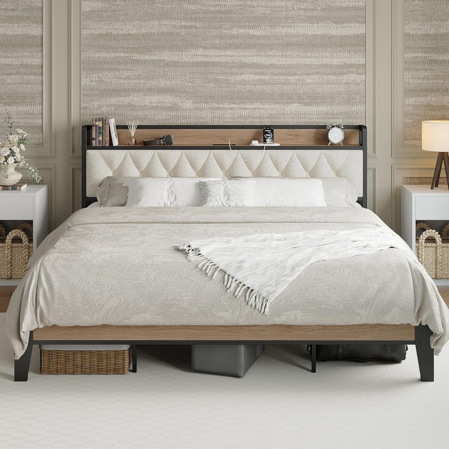 Twin XL Bed Frame, Storage Headboard with Charging Station, Platform Bed Frame with Strong Metal Support, Sturdy and Stable, Noise Free, No Box Spring Needed, Easy Assembly