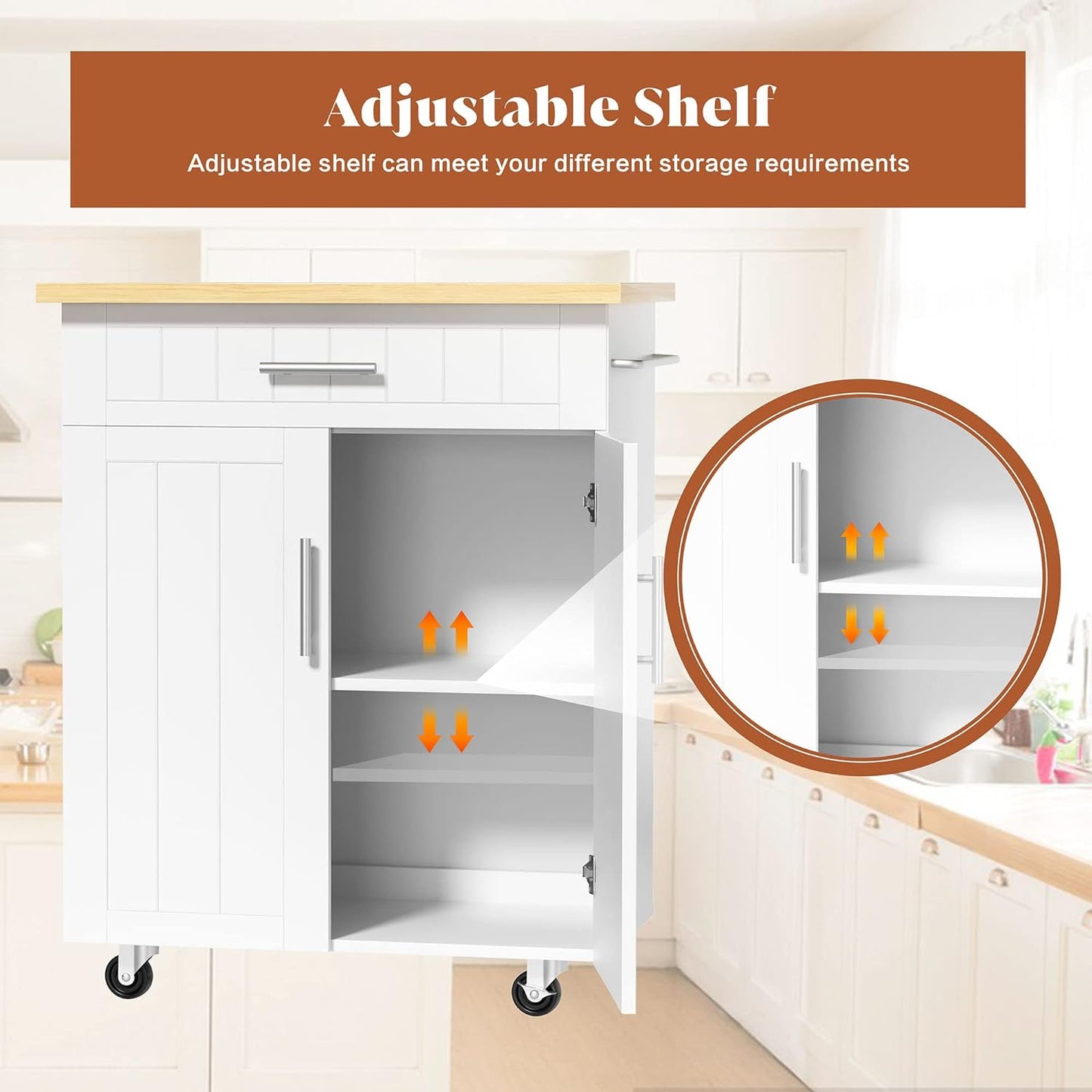 JY QAQA 26" Kitchen Island on Wheels with Storage Cabinet Kitchen Cart Cabinet with Shelves, Cart Handle for Towel Rack or Free Mobility, Portable Islands for Kitchen,White