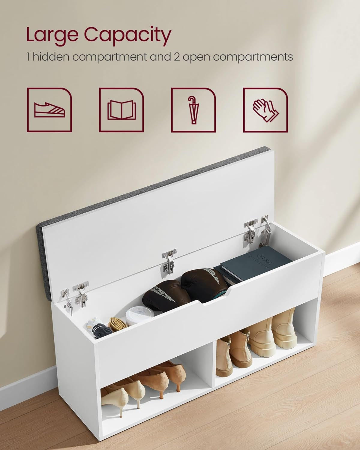 Shoe Storage Bench with Cushion, Entryway Shoe Rack Bench with Storage, 2 Open and 1 Hidden Compartments, for Living Room, Bedroom, White and Gray ULHS021W01