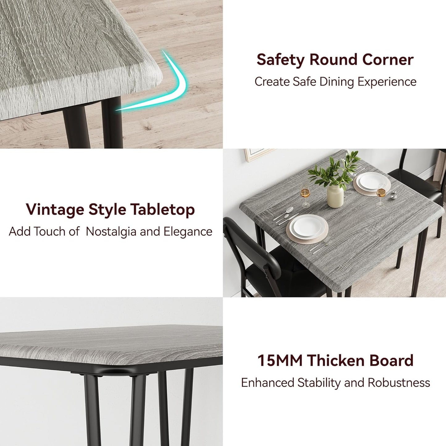 Dining Table Set for 2, Kitchen Table with Upholstered Chairs for Kitchen Room and Small Spaces (Grey, Table with 2 Chairs)