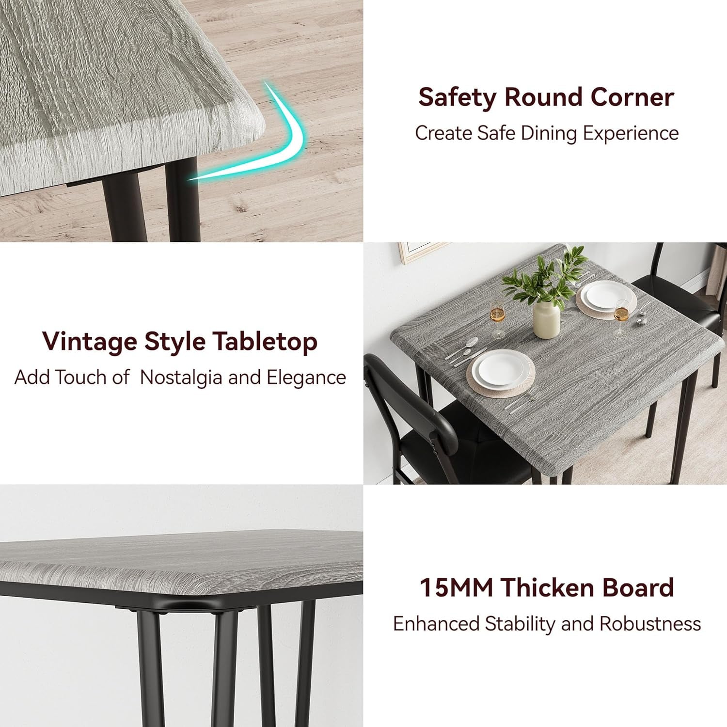 Dining Table Set for 2, Kitchen Table with Upholstered Chairs for Kitchen Room and Small Spaces (Grey, Table with 2 Chairs)