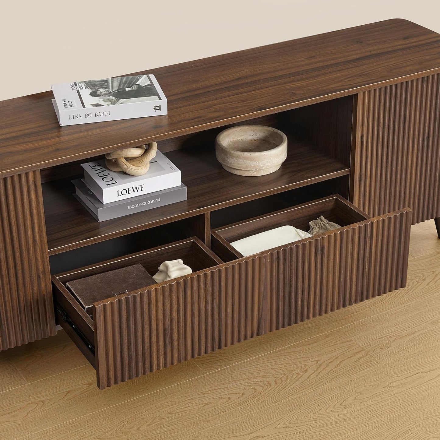 TV Stands for Living Room, Mid Century Modern TV Stand for 80 Inch TV with Storage, Drawers, Adjustable Shelves, Walnut