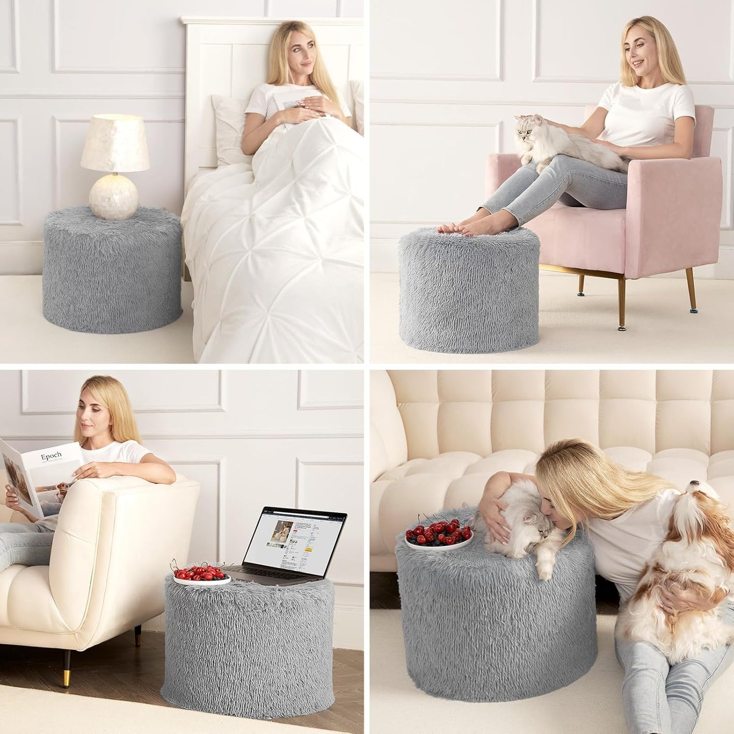 round Pouf Ottoman Foot Rest, 20 X 15 Small Faux Fur Stuffed Pouf for Chair, Foam Filled Foot Stools Ottomans for Living Room, Grey