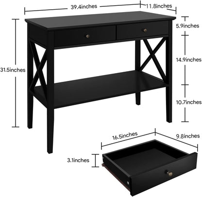 Console Table with Drawers, Narrow Wood Accent Sofa Table Entryway Table with Storage Shelf for Entryway, Front Hall, Hallway, Living Room, Black