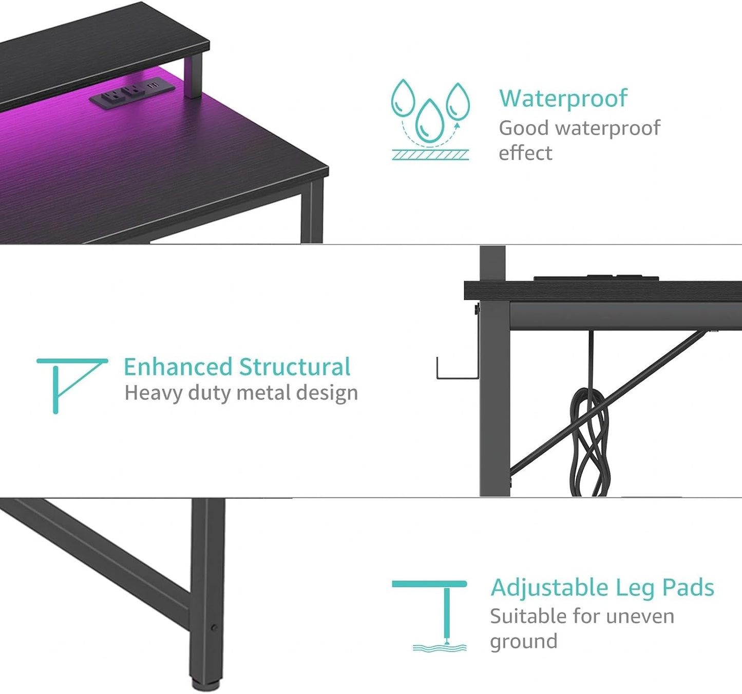 Small Desk with Power Outlets and LED Lights, 32 Inch Teen Writing Study Table Home Office Computer Desks with Monitor Stand, Gaming Desk with Charging Station, Black