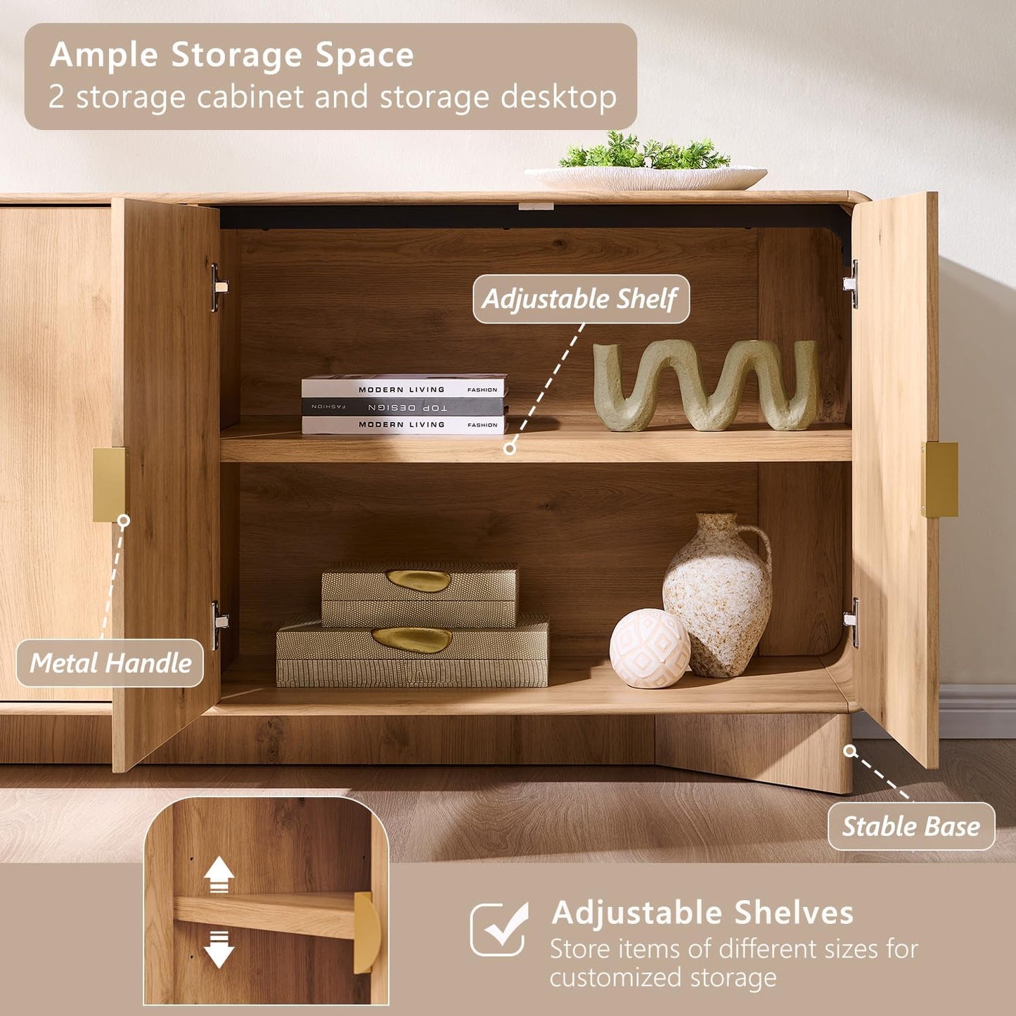 70" Modern TV Stand for Tvs up to 80 Inches, 30" Tall Entertainment Center with Storage and Adjustable Shelves, TV Console with Curved Profile Design, Media Console for Living Room, Natural Oak