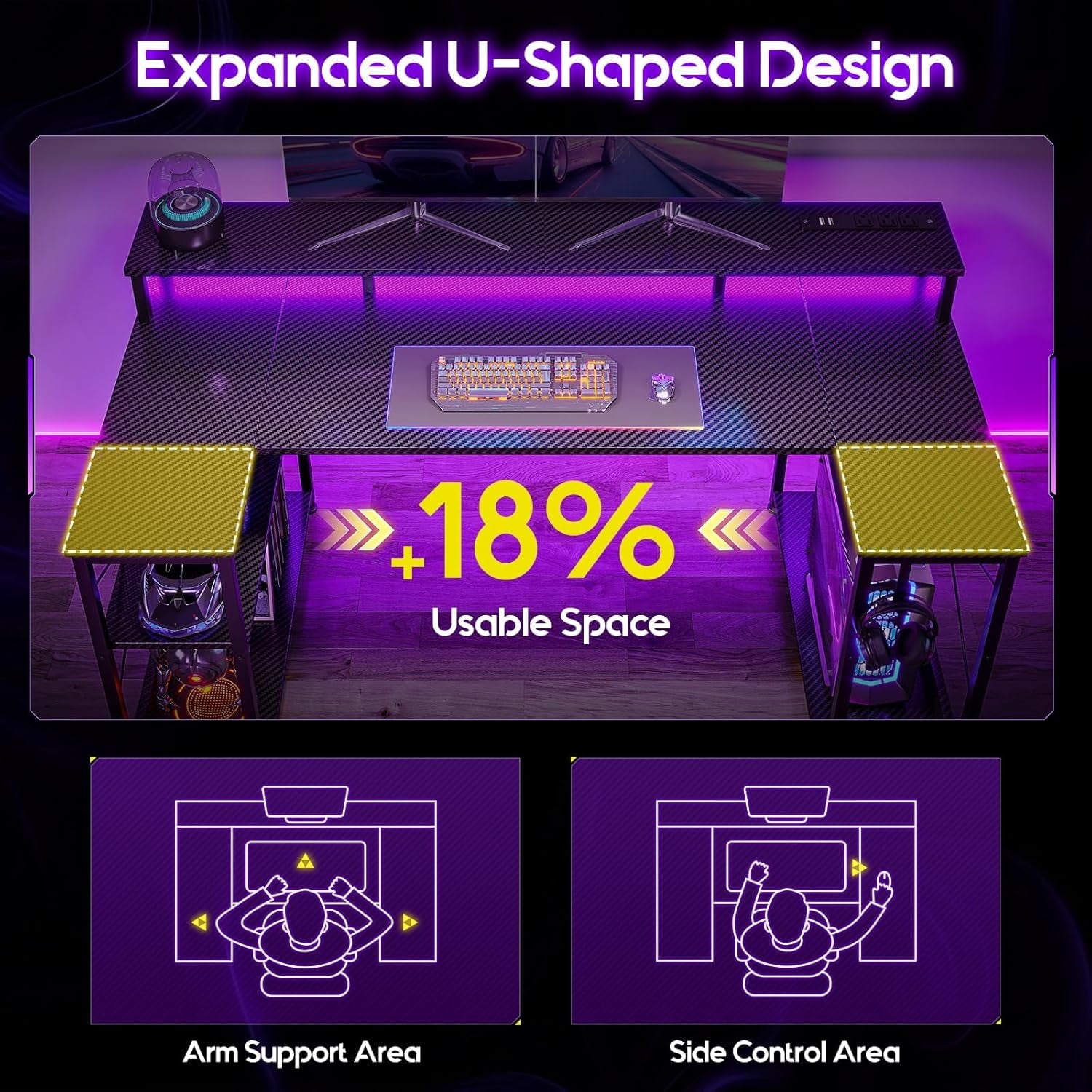 48 Inch Gaming Desk with LED Lights and Power Outlet, U-Shaped Computer Desk with Monitor Stand and Storage Shelves, PC Gamer Table for Home Office, Carbon Fiber Black