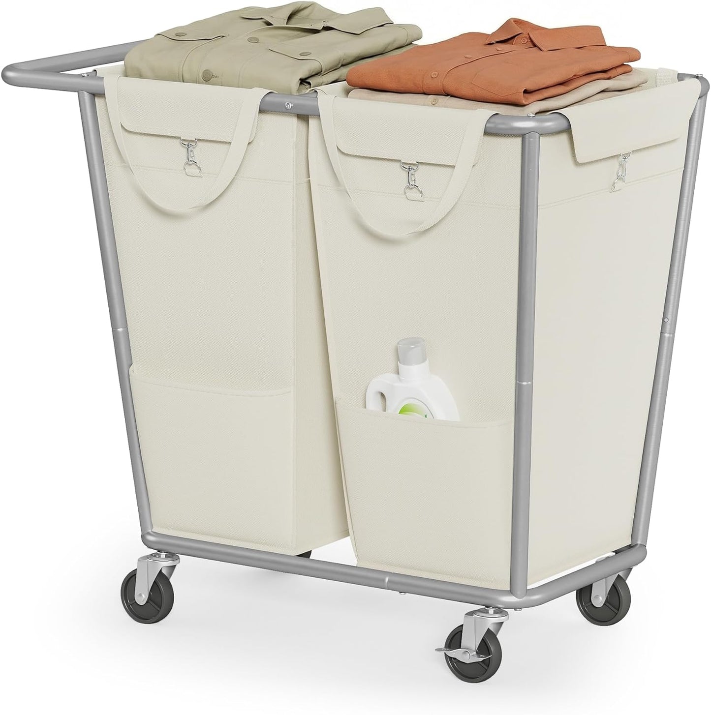 Laundry Basket with Wheels, 2-Section Laundry Sorter, 50.2 Gallons (190 L) Rolling Hamper with Removable Bags, Heavy-Duty Steel Frame, Cream White URLS009W01