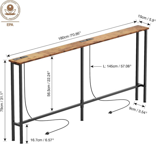 70" Narrow Console Sofa Table - 2 Power Outlets & 4 USB Ports, Metal Frame, Rustic Brown, Perfect for Hallway, Office, and behind Sofa - Easy Assembly, 4.9' Extension Cord Included