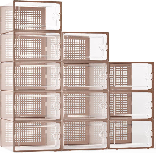 X-Large Shoe Storage Boxes Organizers for Closet 12 Pack, Fit Size 11,Clear Plastic Stackable Sneaker Containers for Entryway, Space Saving Shoe Rack,Substitute for Drawer Organize Unit, Brown