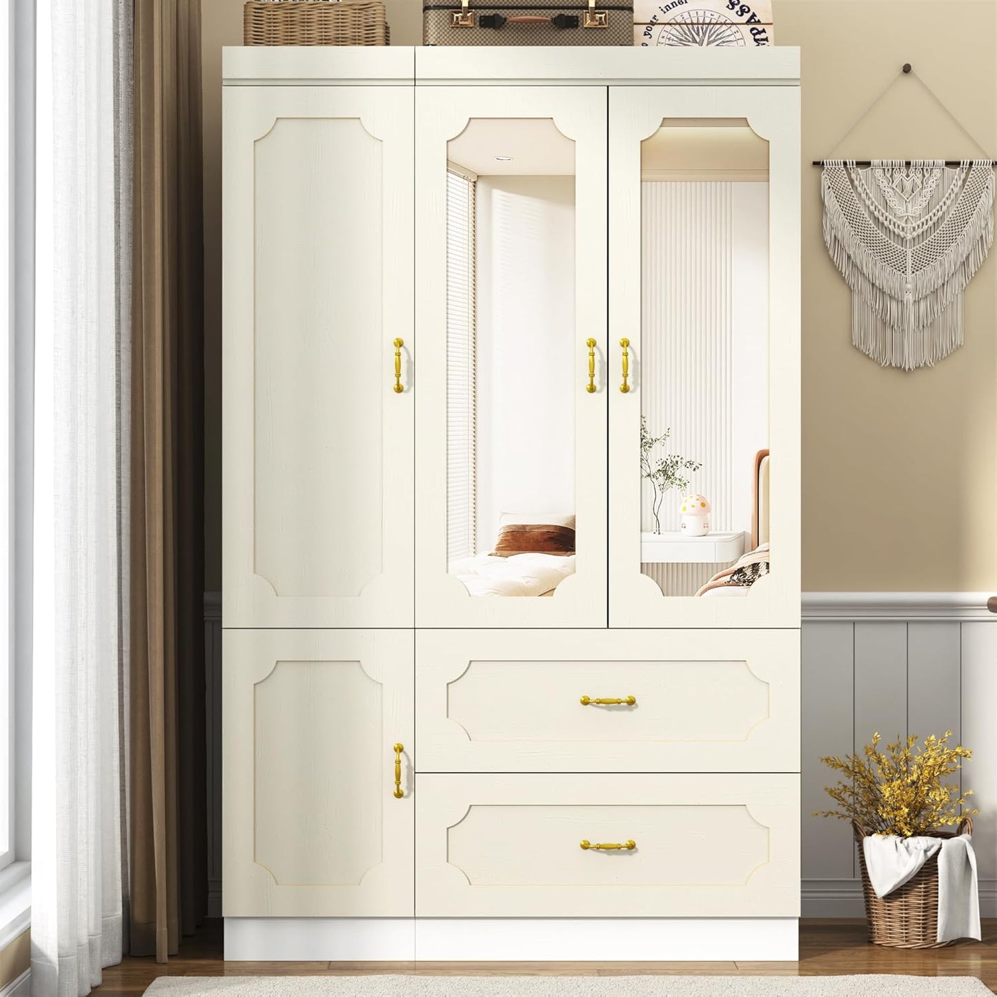 75" Tall 3 Doors Armoire Wardrobe Closet with Mirror and LED Light,Modern Freestanding White Wardrobe Armoire for Bedroom with Drawers,Modern Clothing Storage Cabinet for Bedroom(White)