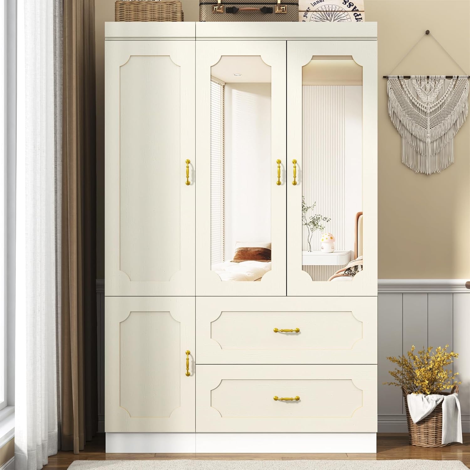 75" Tall 3 Doors Armoire Wardrobe Closet with Mirror and LED Light,Modern Freestanding White Wardrobe Armoire for Bedroom with Drawers,Modern Clothing Storage Cabinet for Bedroom(White)