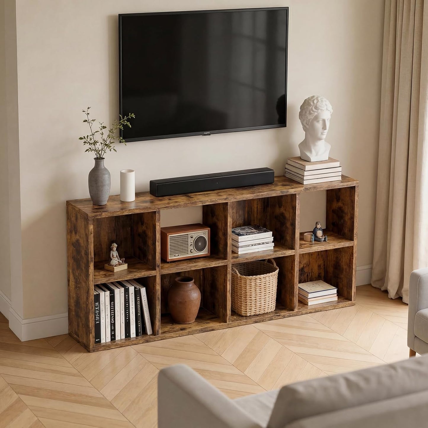 8-Cube Storage Organizer, Stackable Modular Bookcase Shelf with Vertical or Horizontal Use, Fits 11×11" Bins, Optional Back Panels, for Living Room, Office Rustic Brown