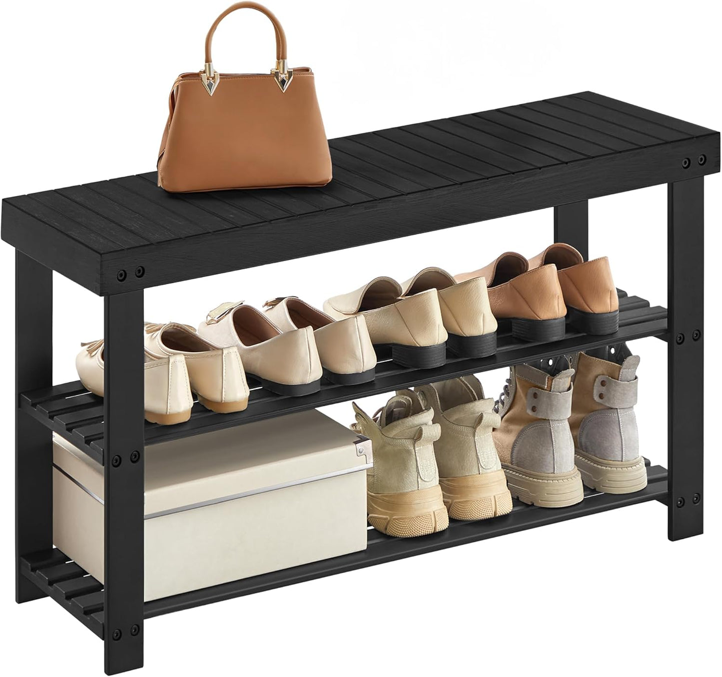 Shoe Rack Bench, 3-Tier Bamboo Shoe Storage Organizer, Entryway Bench, Holds up to 286 Lb, 11.3 X 27.6 X 17.8 Inches, for Entryway Bathroom Bedroom, Ink Black ULBS04H