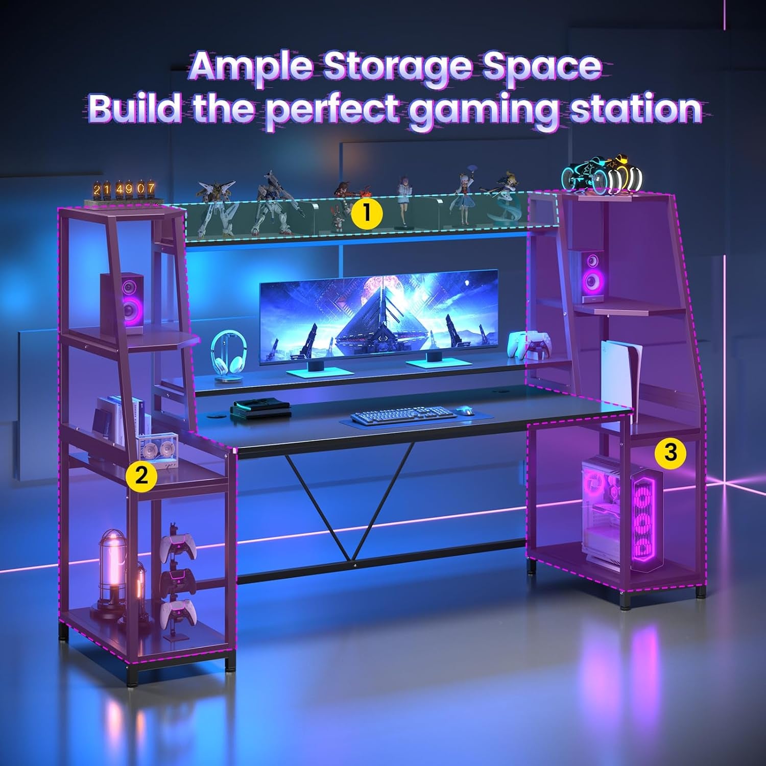 Gaming Desk 78.8'' with LED Lights, Hutch and Storage Shelves, Computer Desk with Monitor Stand, Large PC Gamer Desk Workstation, Ergonomic Gaming Table for Bedroom, Living Room, Black