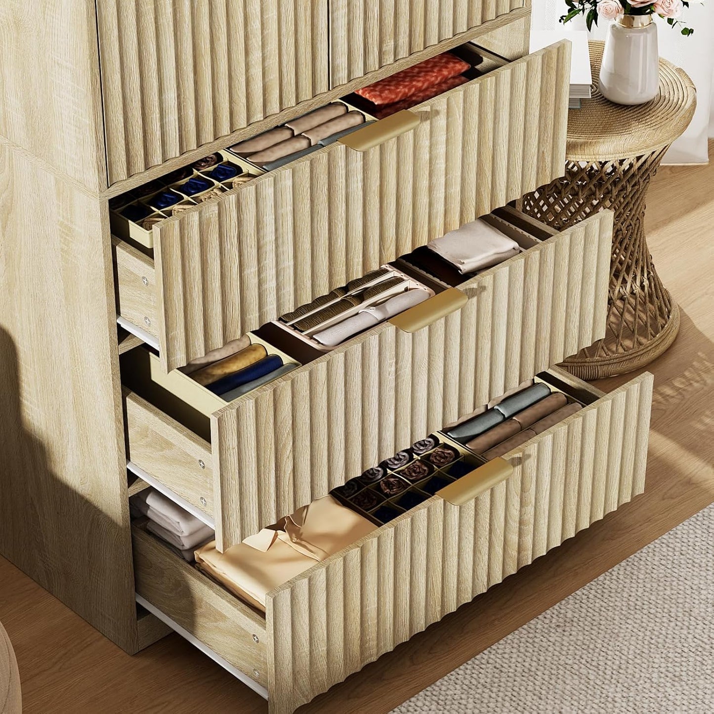 Armoire Wardrobe Closet with Doors and Mirror, 71" Clothing Storage Cabinet with Hanging Rod, 3 Dreawers Wardrobe Cabinet for Bedroom, Cloak Room (Oak)