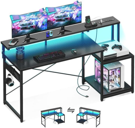 Computer Desk, 56 Inch Gaming Desk with Led Lights & Power Outlet, Office Desk with Storage Shelves, Reversible Desk with Monitor Shelf & Headphone Hook, Carbon Fiber Black