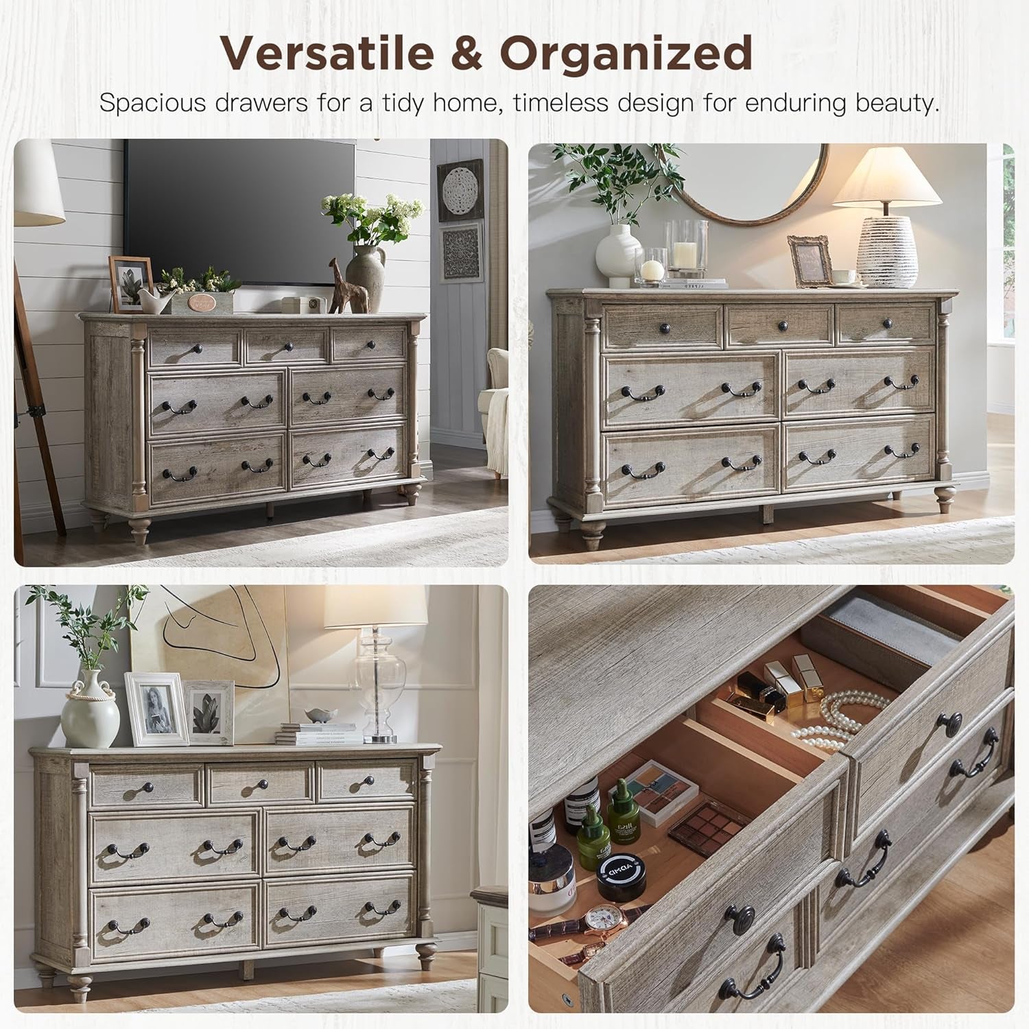 Farmhouse 7 Drawers Dresser Chests for Bedroom W/ 4 Column Solid Wood Feet, Tall Wide Wood Country Rustic Chest of Drawers, Storage Dressers for Bedroom, Living Room, Light Rustic Oak