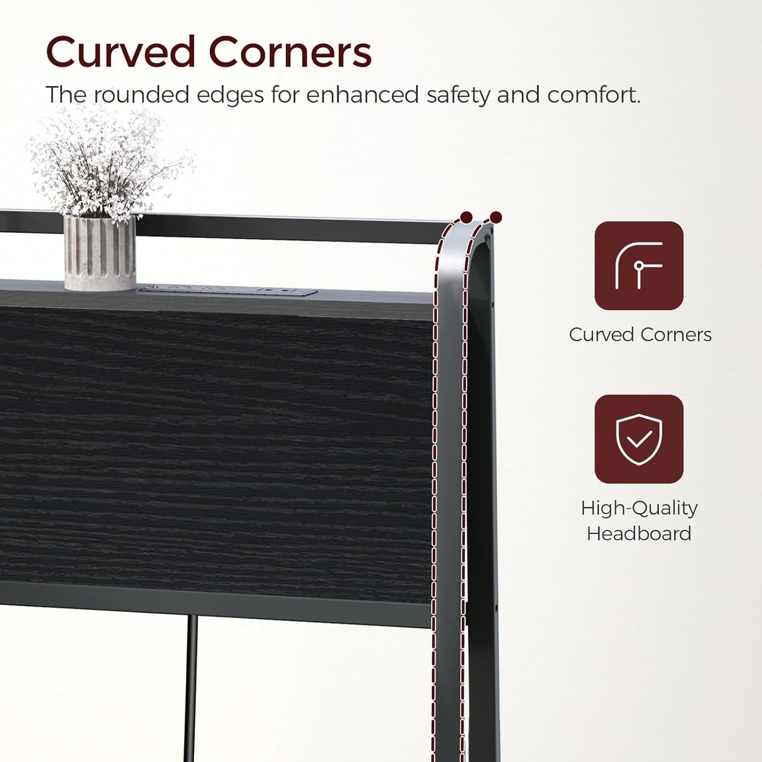 Headboard Queen Size Only, Headboard with 4 Outlets and 4 USB Ports, Industrial Head Board with Flip Door and Bed Frame Adapter, Height Adjustable, Black