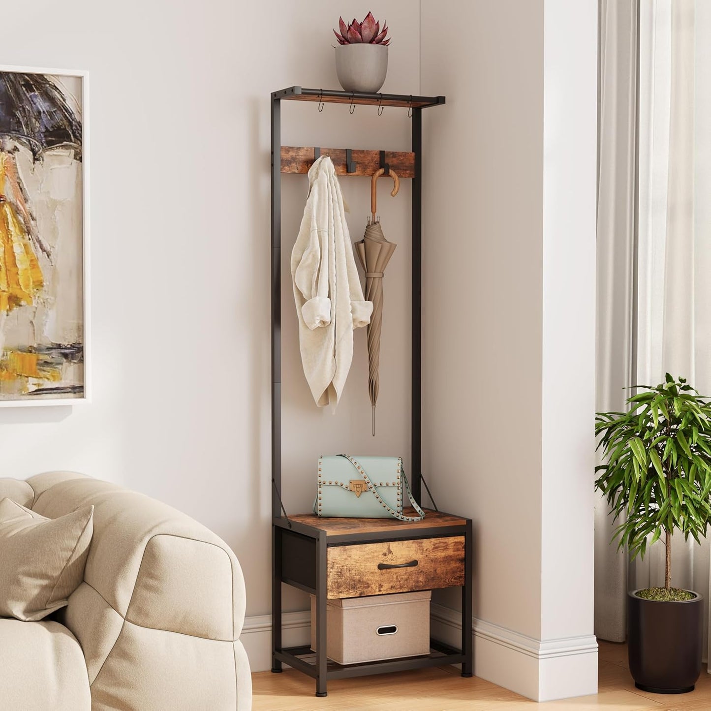 Hall Tree with Shoes Bench, Small Coat Rack with Fabirc Drawer and Shelf for Bedroom, 4-In-1 Entryway Organizer with Shoes Stool for Living Room, Entryway, Closets (Rustic Brown)