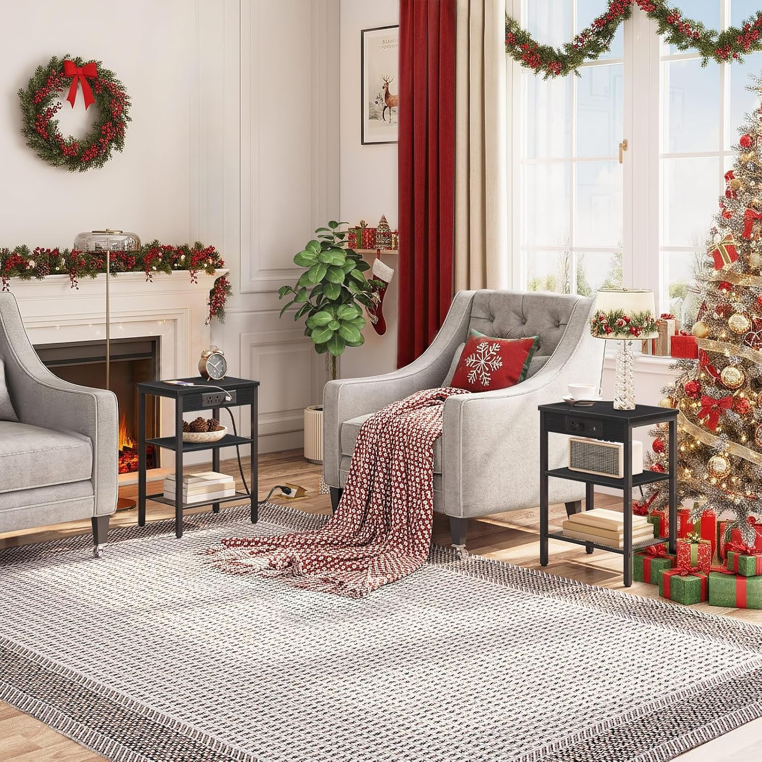 Side Table with Charging Station and USB Port, Small End Table for Small Space, 3-Tier Nightstand with Adjustable Shelf, for Living Room, Bedroom and Balcony, Black BB112BZ01