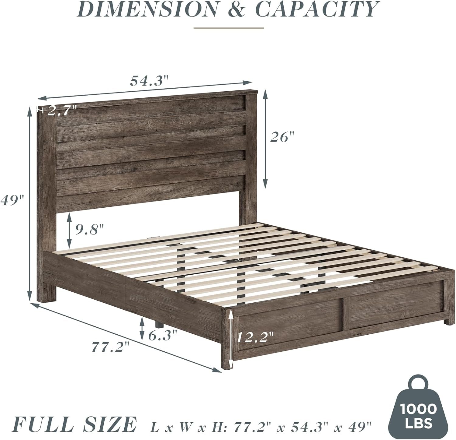 Full Size Farmhouse Bed Frame with 49" Headboard, Platform Bed Frame with Wood Slats Support/No Box Spring Needed/Easy Assembly, Rustic Grey