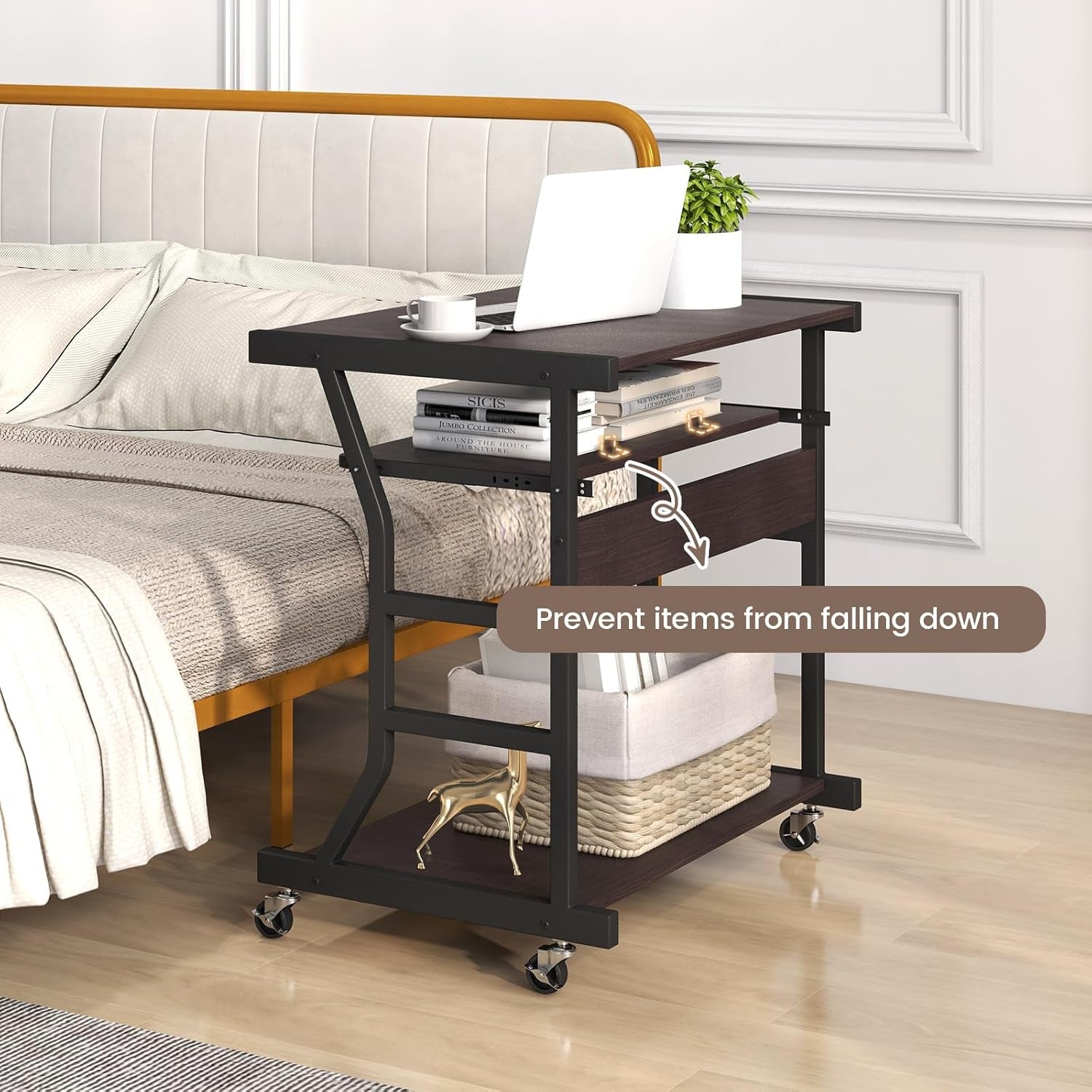 Mobile Computer Desk with Keyboard Tray, Portable Small Rolling Desk with Mouse Tray & Bottom Storage Shelf, Rolling Laptop PC Desk Cart with Lockable Wheels for Small Space (Brown)