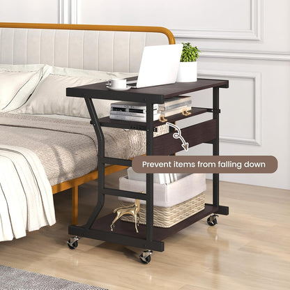 Mobile Computer Desk with Keyboard Tray, Portable Small Rolling Desk with Mouse Tray & Bottom Storage Shelf, Rolling Laptop PC Desk Cart with Lockable Wheels for Small Space (Brown)