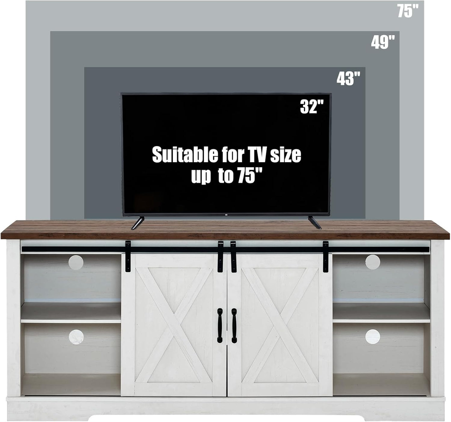 4-Piece Farmhouse Table Set Includes Sliding Barn Door TV Stand, Coffee Table& Two End Tables, Side Table with Charging Station and USB Ports, for Living Room, Distressed White, 66"