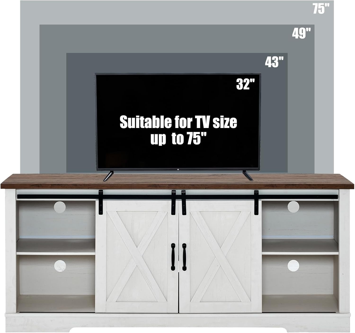 4-Piece Farmhouse Table Set Includes Sliding Barn Door TV Stand, Coffee Table& Two End Tables, Side Table with Charging Station and USB Ports, for Living Room, Distressed White, 66"