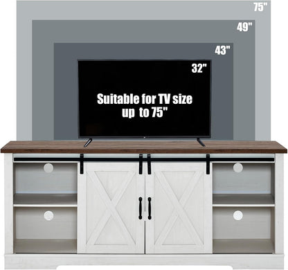 4-Piece Farmhouse Table Set Includes Sliding Barn Door TV Stand, Coffee Table& Two End Tables, Side Table with Charging Station and USB Ports, for Living Room, Distressed White, 66"