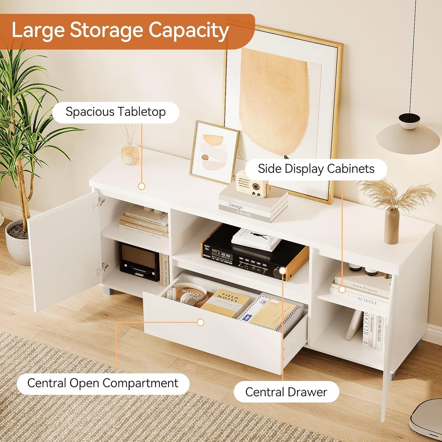 63In TV Stand for Tvs up to 70", Fluted Entertainment Center with Storage Drawer and Open Shelves, Modern TV Console Media Cabinet for Living Room, Bedroom, White