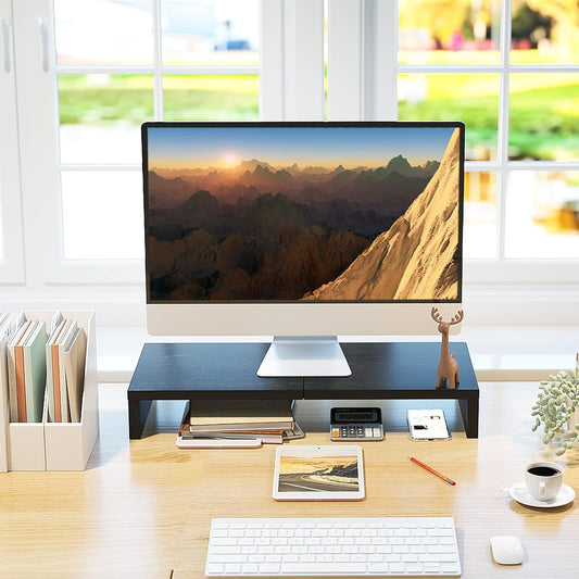 20 Inch Monitor Stand Riser, Black Desktop Stand for Pc/Tv/Laptop/Printer, Wood Monitor Riser with Storage, Computer Stand Keyboard Organizer