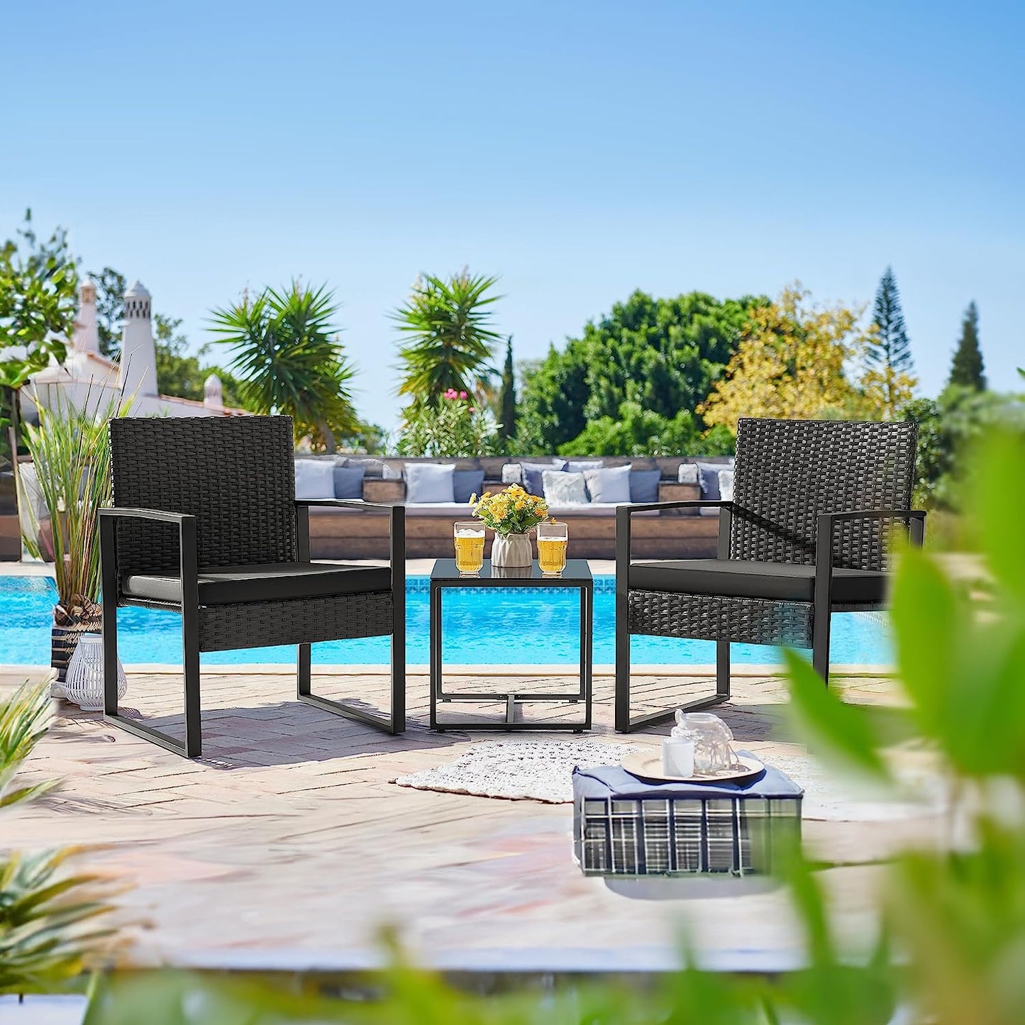 3 Pieces Outdoor Patio Wicker Furniture Set, Modern Rattan Chair Conversation Sets with Coffee Table for Yard and Bistro (Black)