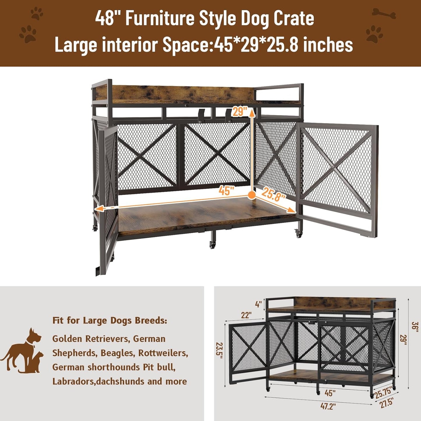 Large Dog Crate Furniture, 48 Inch Wooden Dog Kennel for Xlarge Dogs, Heavy Duty Dogs Furniture Indoor Wire Dog Cage with Caster Wheels,Decorative Pet House End Table, Textured Gray