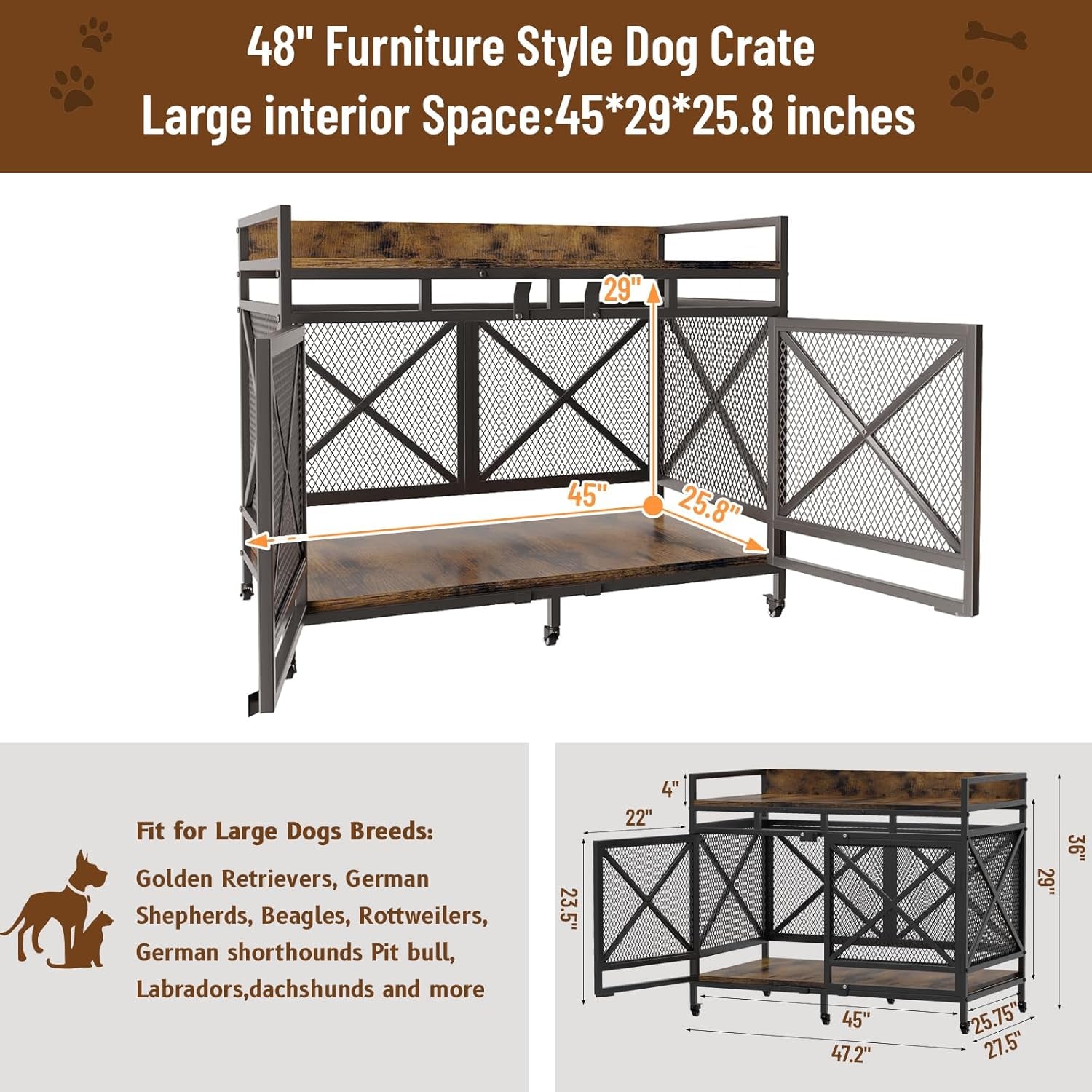 Large Dog Crate Furniture, 48 Inch Wooden Dog Kennel for Xlarge Dogs, Heavy Duty Dogs Furniture Indoor Wire Dog Cage with Caster Wheels,Decorative Pet House End Table, Textured Gray