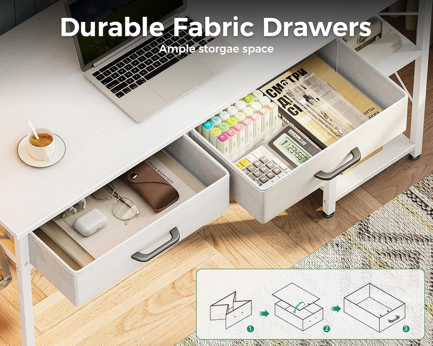 Small Computer Desk with Drawers, 40 Inch Reversible Home Office Desk with Storage Shelves, Study Laptop Vanity Table for Bedroom Small Space, White