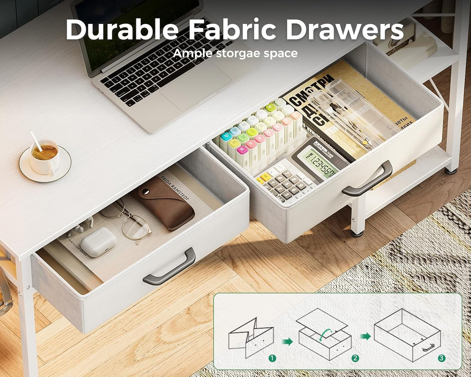 Small Computer Desk with Drawers, 40 Inch Reversible Home Office Desk with Storage Shelves, Study Laptop Vanity Table for Bedroom Small Space, White