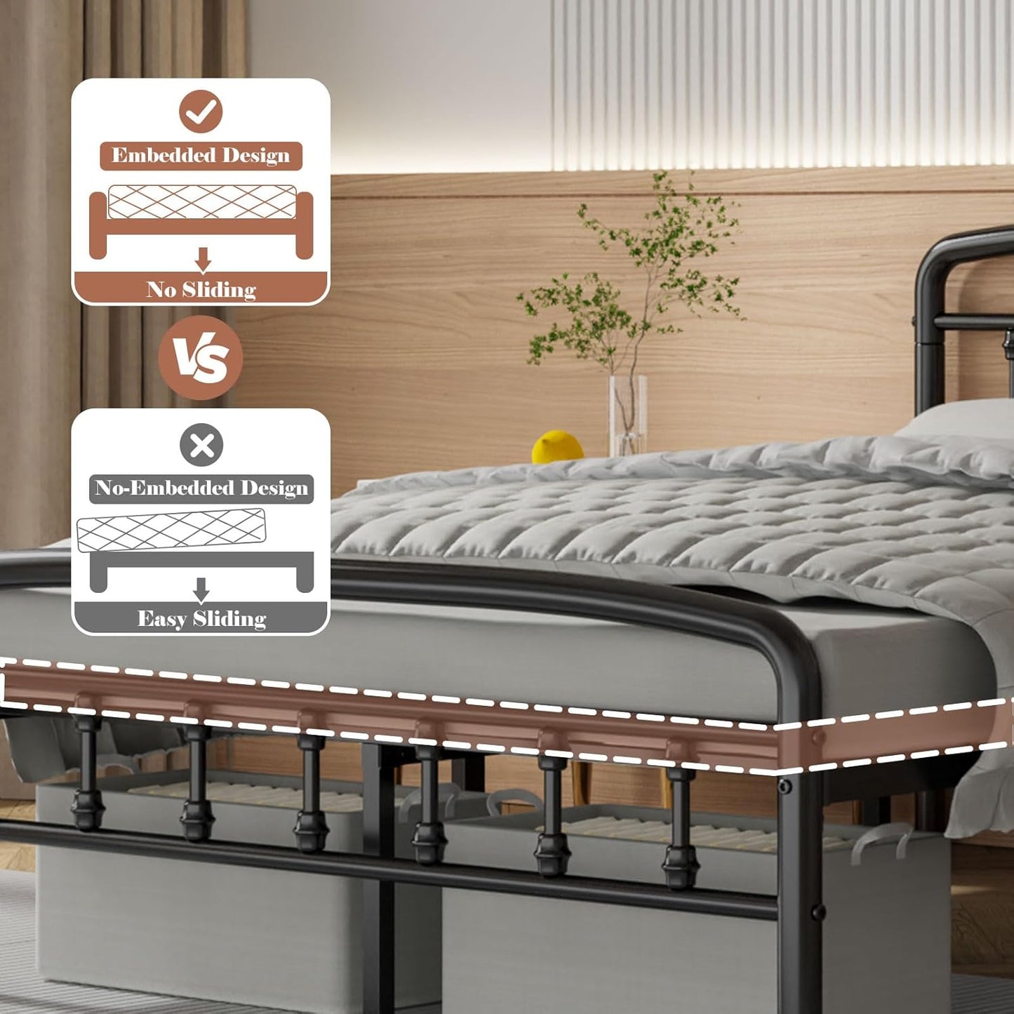 Metal Full Size Bed Frame with Headboard,Victorian Style Headboard and Footboard, No Squeak, Heavy Duty 1500Lbs Support, Easy 20-Min Tool-Free Assembly, No Box Spring Needed/Underbed Storage