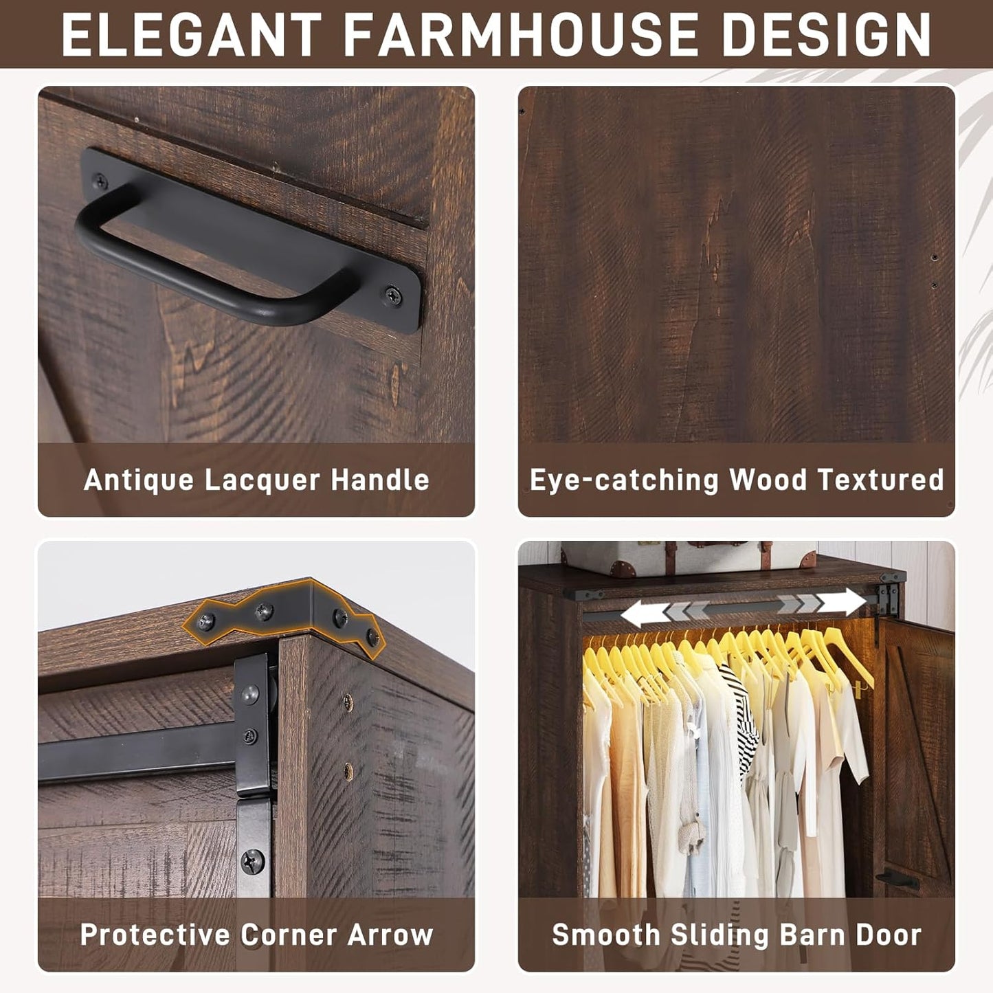 Farmhouse 2 Doors Armoire Wardrobe Closet W/Folding Sliding Barn Door and Lights, LED Armoire Closet W/Drawers for Bedroom, Freestanding Wooden Wardrobe Storage Closet W/Hanging Rod,Rustic Brown