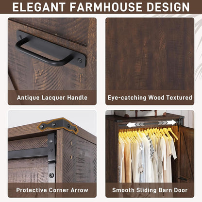 Farmhouse 2 Doors Armoire Wardrobe Closet W/Folding Sliding Barn Door and Lights, LED Armoire Closet W/Drawers for Bedroom, Freestanding Wooden Wardrobe Storage Closet W/Hanging Rod,Rustic Brown